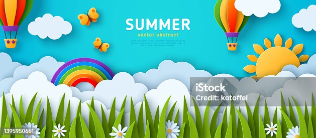 istock Green lawn summer clouds air balloon 1395950661