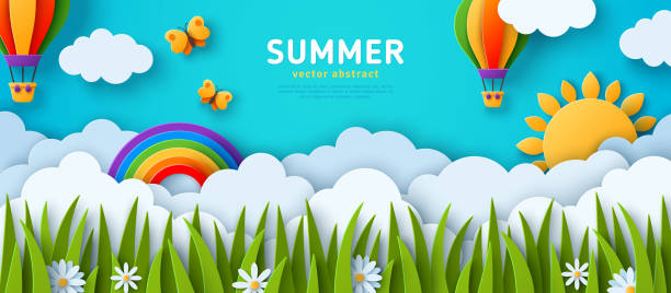 Green lawn summer clouds air balloon Beautiful fluffy clouds on blue sky background, summer sun, butterfly, hot air balloons and rainbow. Green grass lawn and daisy flowers. Vector illustration. Paper cut style header. Place for text papercutting stock illustrations