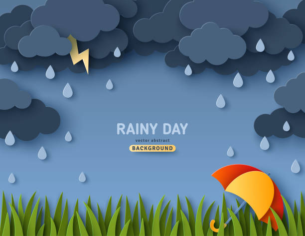 ilustrações, clipart, desenhos animados e ícones de dia chuvoso papel de grama verde cortado - thunderstorm lightning storm monsoon