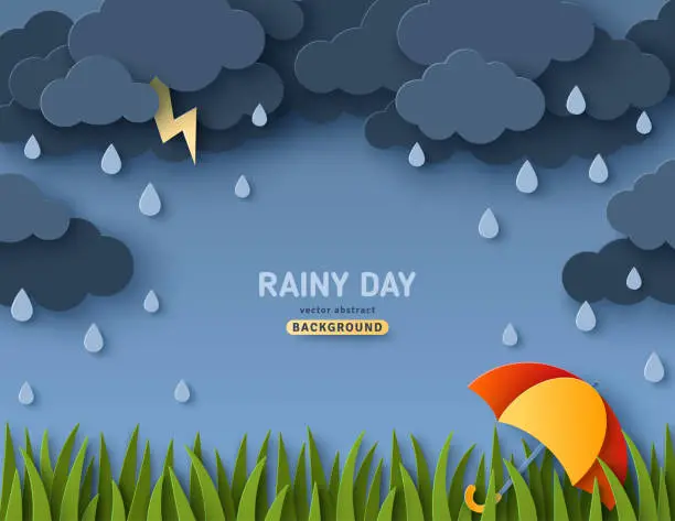 Vector illustration of Rainy day green grass paper cut