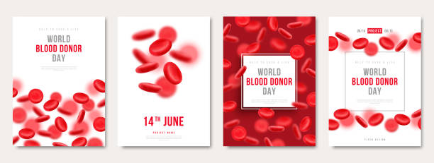 World donor day poster blood cells World donor day set of posters or flyers, charity medical design with 3d red cells. Vector illustration. Place for text. Blood Donation save life, hospital background. Anemia hemophilia cards human blood stock illustrations