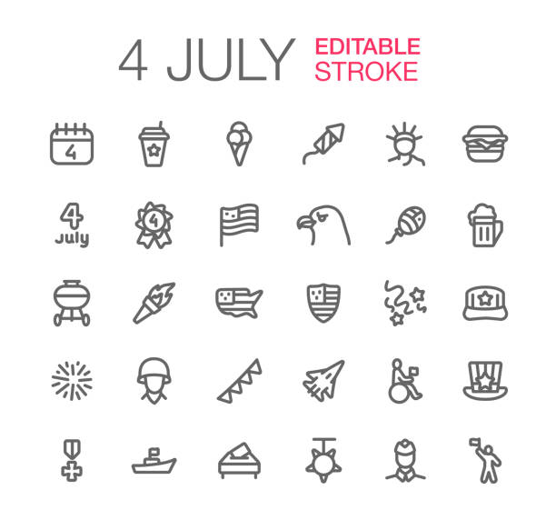 ilustraciones, imágenes clip art, dibujos animados e iconos de stock de 4 de julio día de la independencia iconos establecer trazo editable - food state