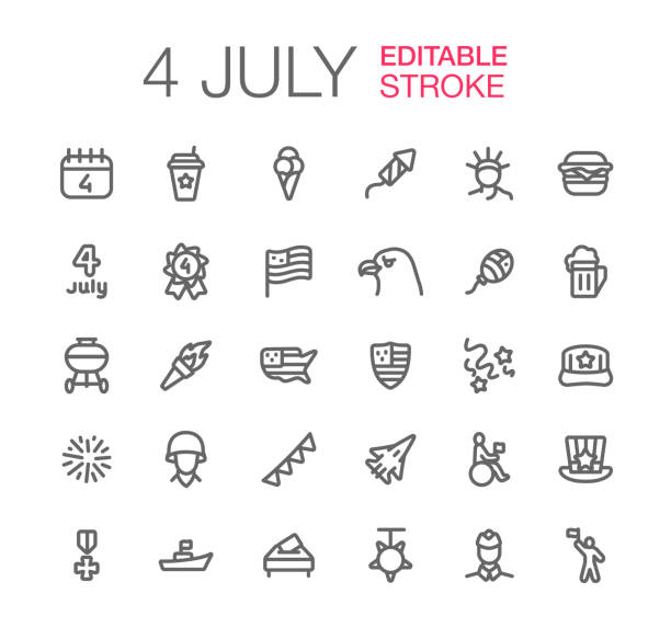 4th of July Independence Day Icons Set Editable Stroke 4th of July Independence Day icons set. Editable stroke vector line icons. american flag bunting stock illustrations