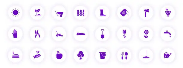 Vector illustration of garden purple color silhouette icons on light round buttons with purple shadow. garden vector icon set for web, mobile apps, ui design and print
