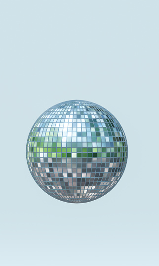 Reflecting retro disco ball on light blue background , 3d render