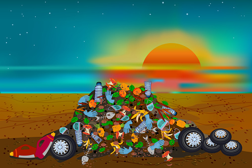 Waste pile on beach. City landfill. Environment and ocean pollution problem concept. City litter with pile of garbage and plastic trash. Urban rubbish dump. Junkyard under sunset sky on seaside background. Stock vector illustration