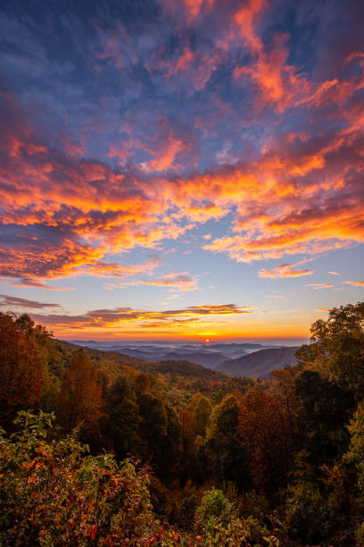 A dramatic sunrise over the Blue Ridge Mountains stock photo
