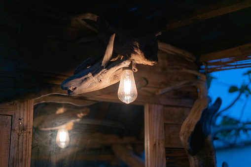 Light Bulbs Hanging on rustic Wooden chandelier