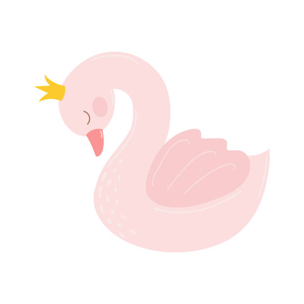 王冠をかぶったかわいい小さな漫画のピンクの白鳥。白い背景に分離されています。 - swan princess cartoon crown点のイラスト素材／クリップアート素材／マンガ素材／アイコン素材