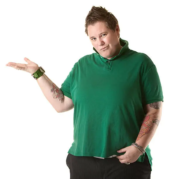 Chubby Caucasian lady makes hand gestures over white background