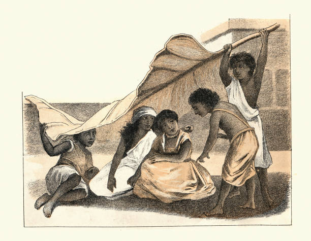 Children in India sheltering from the sun under a giant leaf, Indian, Victorian 19th Century Vintage illustration, Children in India sheltering from the sun under a giant leaf, Indian, Victorian 19th Century heat wave india stock illustrations