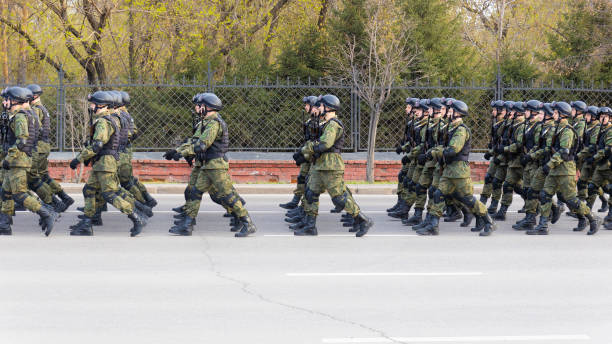 Victory Day Parade rehearsal Krasnoyarsk, Russia - May 5, 2022: Solemn marching of Russian special forces of during rehearsal of the Victory Day Parade russian military photos stock pictures, royalty-free photos & images