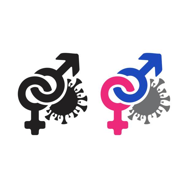 Man and woman infection icon Black and color gender symbols with virus abstract silhouette sexually transmitted disease stock illustrations