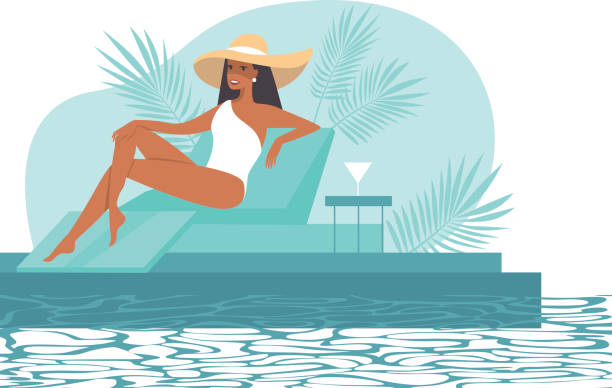 Young lady is relaxing on a luxurious sunbed under a palm tree on a tropical beach near a swimming pool. vector art illustration