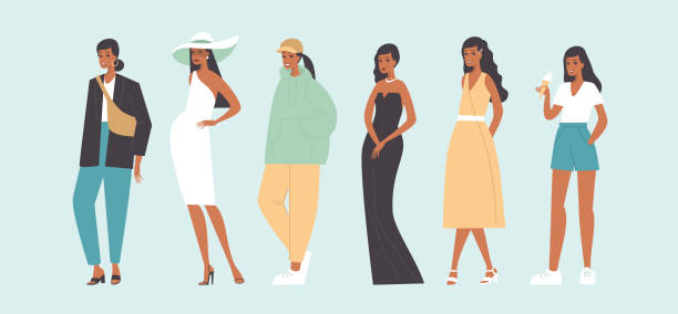 Set of stylish modern fashionable female looks. Collection of people in fashionable various urban outfits vector art illustration