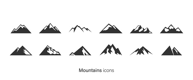 Mountains, rocks and volcano peaks icons vector set. Expedition to the mountains or travel symbols isolated. Vector EPS 10