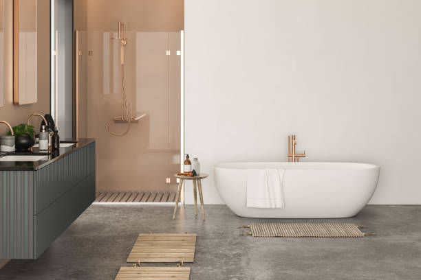 istock Modern minimalist bathroom interior, modern bathroom cabinet, 1395961787