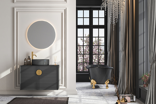 Modern luxury bathroom with black bathroom furniture, oval sink, oval mirror hanging on beige wall. 3d rendering