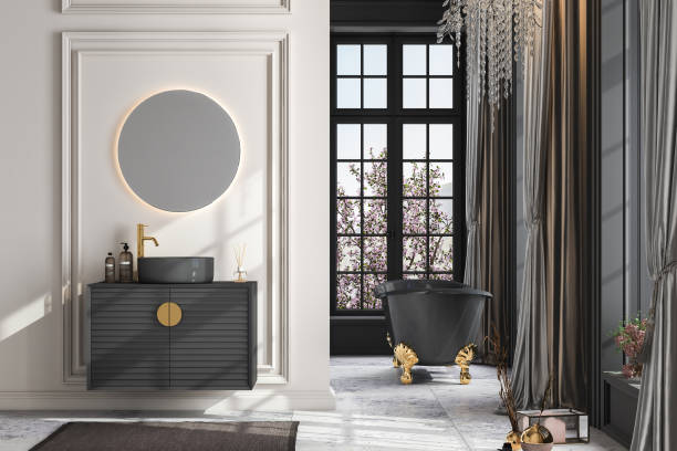 Modern luxury bathroom with black bathroom furniture, stock photo