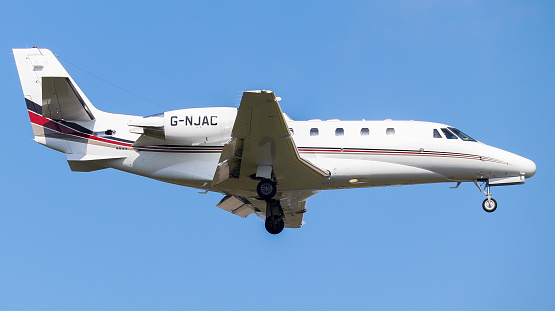 Prague, Czech Republic - April 01, 2012:  Gulfstream G V landing at Prague Vaclav Havel airport