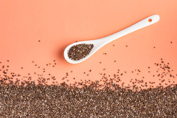 istock Salvia hispanica - Organic chia seeds in ceramic spoon 1395965699