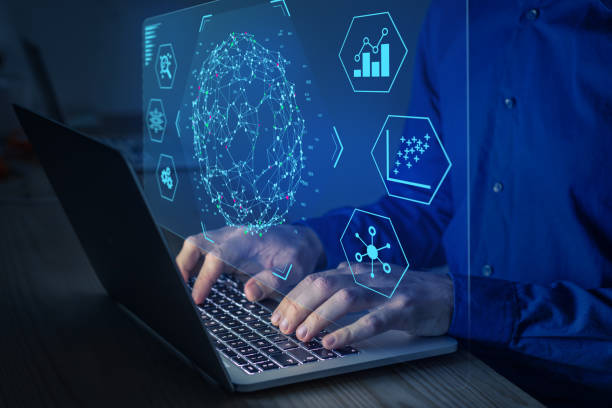 Big data and analytics visualization technology with scientist analyzing information structure on screen with machine learning to extract predictions for business, finance, internet of things stock photo