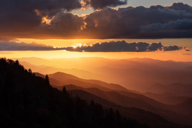 A moody sunset over the Smoky Mountains stock photo