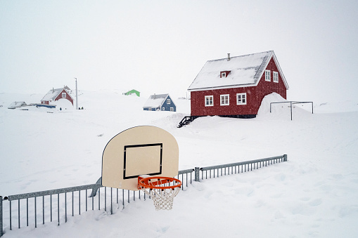 A view of snow in a basketball court