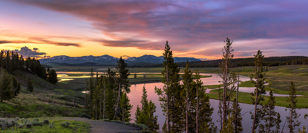 Sunrise sky over the lush green Madison River Valley in Yellowstone National Park
