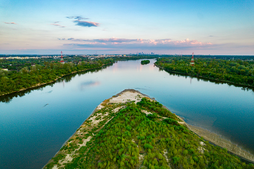 Vistula, the biggest Polish river. View from a drone near Warsaw. Beautiful river and wild banks are a great attraction and habitat for many animal species.