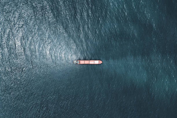 Aerial view of cargo ship in transit.