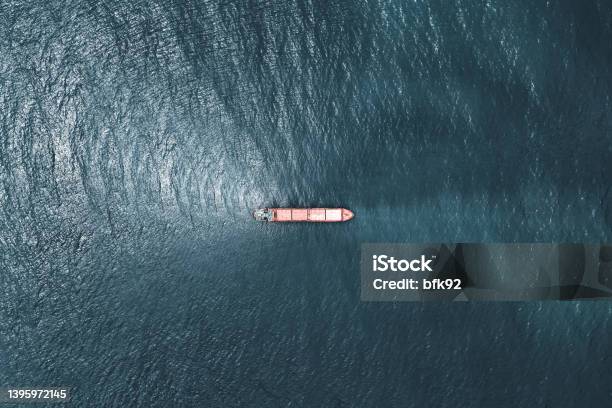 Aerial View Of Cargo Ship In Transit Stock Photo - Download Image Now - Coal, Freight Transportation, Container Ship