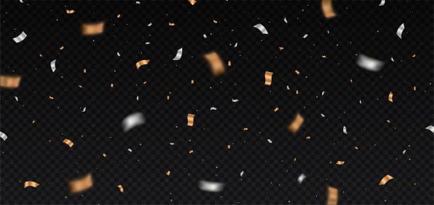 Confetti isolated on dark background Confetti isolated on dark background. Poster or banner for website, decoration elements. Congratulation, special offer for buyers for holidays, sales and promotion. Cartoon flat vector illustration bronze glitter stock illustrations