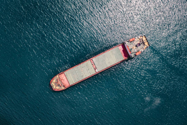 istock Aerial view of cargo ship in transit. 1395973569