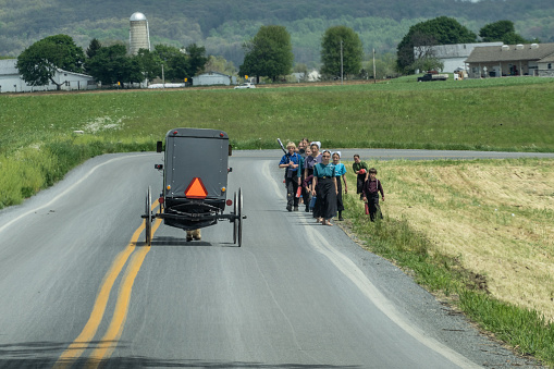 Lancaster County, Pennsylvania-May 5, 2022: Group of Amish women and children walking on rural road wave to a passing horse and buggy.