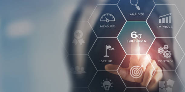 istock Six sigma concept. The DMAIC industrial technology quality control, industrial process improving and lean concept. Businessman touching on Six sigma symbol surrouded by the process of improvement icon 1395979791