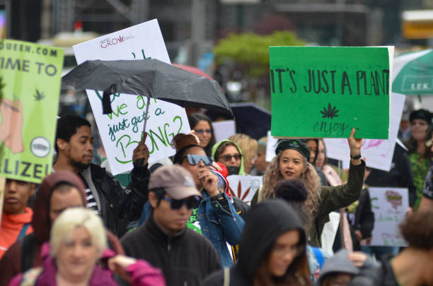 NYC Cannabis Parade Marchers are holding signs at the annual Cannabis Parade, marching to Union Square in New York City on May 4, 2019. legalization stock pictures, royalty-free photos & images