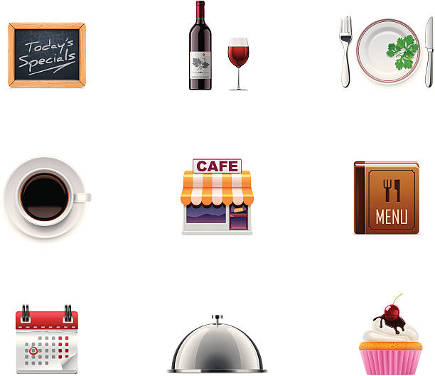 ресторан icon set - cupcake set food and drink metal stock illustrations