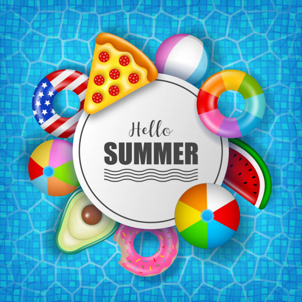 수영장 물 배경에 다채로운 풍선이있는 여름 포스터 - swimming pool party summer beach ball stock illustrations