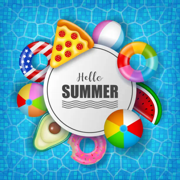 Vector illustration of Summer poster with colorful inflatables on pool water background