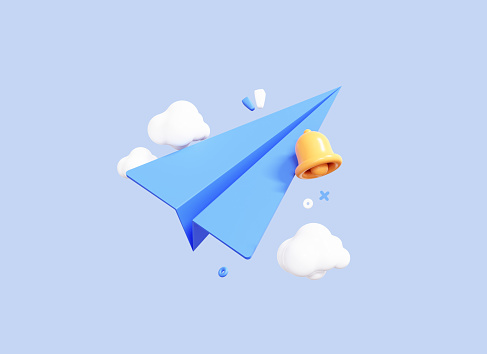 Icono de dibujos animados de 3D Paper Airplane. Avión de papel de origami. Plantilla de banner para viajes con aviones y nubes. Concepto de envío de mensajes. Correo electrónico con notificación de Bell aislada sobre fondo azul. Renderizado 3D photo