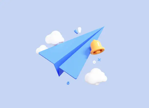 Photo of 3D Paper Airplane cartoon icon. Origami paper plane. Banner template for travel with aircraft and clouds. Send message concept. Email with Bell notification isolated on blue background. 3D Rendering