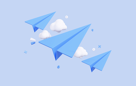 3D Minimal cartoon Paper Airplanes with Clouds. Paper plane in sky. Send email or message concept. Online social media. Realistic design illustration isolated on blue background. 3D Rendering