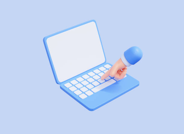3D Computer laptop with hand finger presses on keyboard button. Typing on notebook. Minimal laptop with empty screen mockup. Cartoon design illustration isolated on blue background. 3D Rendering stock photo
