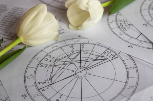 istock Printed astrology charts with  white tulips in the background 1395990334
