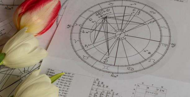 istock Printed natal charts with  white tulips on the side 1395990359