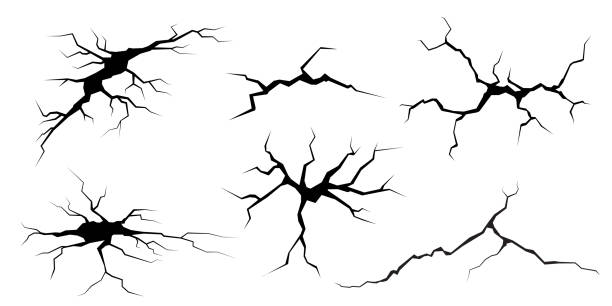 illustrations, cliparts, dessins animés et icônes de fissures de surface et fissures dans le sol, le béton, les crevasses de la vue de dessus de la catastrophe. ruptures sur la surface terrestre à la suite d’un tremblement de terre isolé sur fond blanc. sol cassé, mur, effet de motif en verre. endommag - destruction