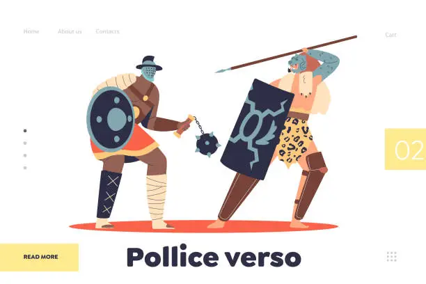 Vector illustration of Pollice verso landing page with roman gladiators fighting. Ancient battlefield with warriors