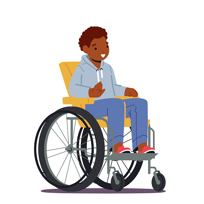 African Disabled Boy Sitting in Wheelchair Isolated on White Background. Child Character Disability, Paralyzed Person
