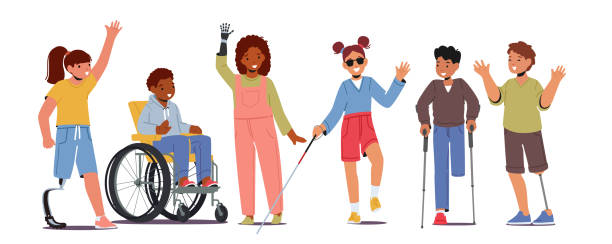 bildbanksillustrationer, clip art samt tecknat material och ikoner med kids disability concept. disabled children characters on wheelchair, bionic hand, leg prosthesis, boy use crutches - handikappskylt